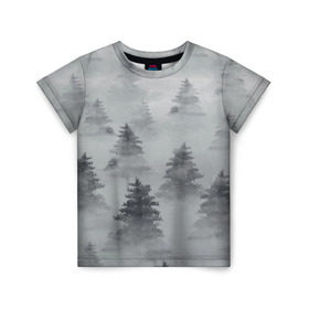 Детская футболка 3D с принтом Туманный лес в Екатеринбурге, 100% гипоаллергенный полиэфир | прямой крой, круглый вырез горловины, длина до линии бедер, чуть спущенное плечо, ткань немного тянется | бор | вечер | деревья | елка | еловый | ель | загадочный | земля | зима | лес | мрачный | необычный | природа | серый | сибирь | снег | тайга | туман | хвойный