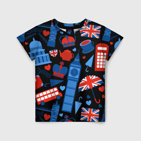 Детская футболка 3D с принтом Великобритания в Екатеринбурге, 100% гипоаллергенный полиэфир | прямой крой, круглый вырез горловины, длина до линии бедер, чуть спущенное плечо, ткань немного тянется | красный | лондон | паттерн | черный