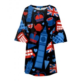 Детское платье 3D с принтом Великобритания в Екатеринбурге, 100% полиэстер | прямой силуэт, чуть расширенный к низу. Круглая горловина, на рукавах — воланы | красный | лондон | паттерн | черный