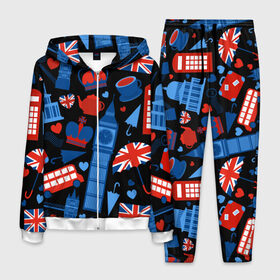 Мужской костюм 3D с принтом Великобритания в Екатеринбурге, 100% полиэстер | Манжеты и пояс оформлены тканевой резинкой, двухслойный капюшон со шнурком для регулировки, карманы спереди | красный | лондон | паттерн | черный
