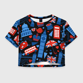 Женская футболка 3D укороченная с принтом Великобритания в Екатеринбурге, 100% полиэстер | круглая горловина, длина футболки до линии талии, рукава с отворотами | красный | лондон | паттерн | черный
