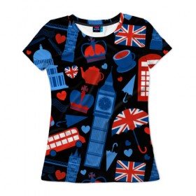 Женская футболка 3D с принтом Великобритания в Екатеринбурге, 100% полиэфир ( синтетическое хлопкоподобное полотно) | прямой крой, круглый вырез горловины, длина до линии бедер | красный | лондон | паттерн | черный