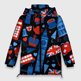 Женская зимняя куртка 3D с принтом Великобритания в Екатеринбурге, верх — 100% полиэстер; подкладка — 100% полиэстер; утеплитель — 100% полиэстер | длина ниже бедра, силуэт Оверсайз. Есть воротник-стойка, отстегивающийся капюшон и ветрозащитная планка. 

Боковые карманы с листочкой на кнопках и внутренний карман на молнии | красный | лондон | паттерн | черный