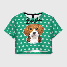 Женская футболка 3D укороченная с принтом Бигль в Екатеринбурге, 100% полиэстер | круглая горловина, длина футболки до линии талии, рукава с отворотами | beagle | арт | гончая | горошек | животное | кружочек | пес | собака | текстура
