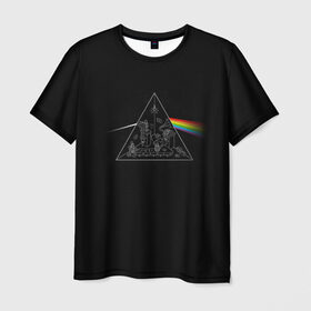 Мужская футболка 3D с принтом Pink Floyd Make Rainbow в Екатеринбурге, 100% полиэфир | прямой крой, круглый вырез горловины, длина до линии бедер | Тематика изображения на принте: англия | басы | британия | гитара | группа | логотип | музыка | песни | пинк флойд | призма | радуга | рок | свет