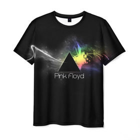 Мужская футболка 3D с принтом Pink Floyd Logo в Екатеринбурге, 100% полиэфир | прямой крой, круглый вырез горловины, длина до линии бедер | Тематика изображения на принте: англия | басы | британия | гитара | группа | дым | космос | логотип | музыка | песни | пинк флойд | призма | радуга | рок | свет
