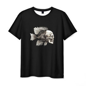 Мужская футболка 3D с принтом Рыба Скелет в Екатеринбурге, 100% полиэфир | прямой крой, круглый вырез горловины, длина до линии бедер | анатомия | кости | море | плавники | принт | рисунок | рыбный | рыбы | тату | ужас | хвост | череп | черный | чешуя