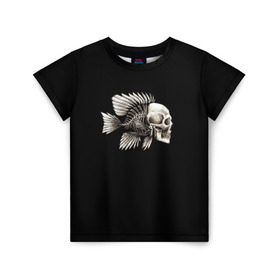 Детская футболка 3D с принтом Рыба Скелет в Екатеринбурге, 100% гипоаллергенный полиэфир | прямой крой, круглый вырез горловины, длина до линии бедер, чуть спущенное плечо, ткань немного тянется | анатомия | кости | море | плавники | принт | рисунок | рыбный | рыбы | тату | ужас | хвост | череп | черный | чешуя