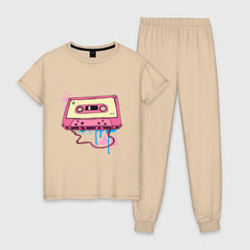 Женская пижама хлопок с принтом Аудиокассета в Екатеринбурге, 100% хлопок | брюки и футболка прямого кроя, без карманов, на брюках мягкая резинка на поясе и по низу штанин | mc | кассета