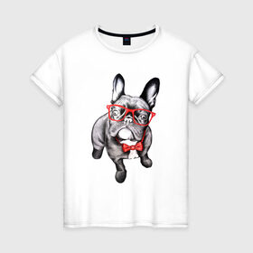 Женская футболка хлопок с принтом Бульдог в Екатеринбурге, 100% хлопок | прямой крой, круглый вырез горловины, длина до линии бедер, слегка спущенное плечо | bulldog | dog | бабочка | бульдог в очках | в очках | дог | очки | собака