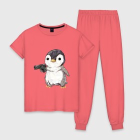 Женская пижама хлопок с принтом Пингвин с пистолетом в Екатеринбурге, 100% хлопок | брюки и футболка прямого кроя, без карманов, на брюках мягкая резинка на поясе и по низу штанин | 