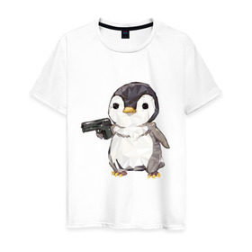 Мужская футболка хлопок с принтом Пингвин с пистолетом в Екатеринбурге, 100% хлопок | прямой крой, круглый вырез горловины, длина до линии бедер, слегка спущенное плечо. | 