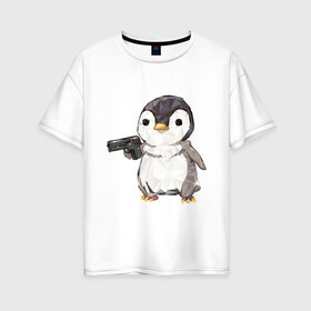 Женская футболка хлопок Oversize с принтом Пингвин с пистолетом в Екатеринбурге, 100% хлопок | свободный крой, круглый ворот, спущенный рукав, длина до линии бедер
 | 
