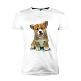 Мужская футболка премиум с принтом Коржик в Екатеринбурге, 92% хлопок, 8% лайкра | приталенный силуэт, круглый вырез ворота, длина до линии бедра, короткий рукав | Тематика изображения на принте: corgi | dog | korgi | вельш корги | дог | кардиган | корги | пемброк | собака | щенок