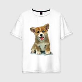 Женская футболка хлопок Oversize с принтом Коржик в Екатеринбурге, 100% хлопок | свободный крой, круглый ворот, спущенный рукав, длина до линии бедер
 | corgi | dog | korgi | вельш корги | дог | кардиган | корги | пемброк | собака | щенок
