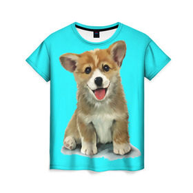 Женская футболка 3D с принтом Корги в Екатеринбурге, 100% полиэфир ( синтетическое хлопкоподобное полотно) | прямой крой, круглый вырез горловины, длина до линии бедер | corgy | dog | korgi | puppy | вельш корги | кардиган | коржик | пемброк | собака | щенок