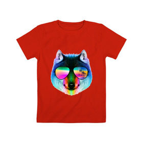 Детская футболка хлопок с принтом Радужный волк в Екатеринбурге, 100% хлопок | круглый вырез горловины, полуприлегающий силуэт, длина до линии бедер | волк | галюцинация | иллюзия | море | океан | остров | очки | пальма | пляж | радуга