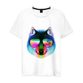 Мужская футболка хлопок с принтом Радужный волк в Екатеринбурге, 100% хлопок | прямой крой, круглый вырез горловины, длина до линии бедер, слегка спущенное плечо. | волк | галюцинация | иллюзия | море | океан | остров | очки | пальма | пляж | радуга