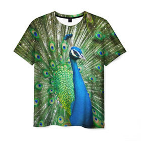 Мужская футболка 3D с принтом Павлин в Екатеринбурге, 100% полиэфир | прямой крой, круглый вырез горловины, длина до линии бедер | Тематика изображения на принте: павлин | перо