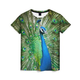 Женская футболка 3D с принтом Павлин в Екатеринбурге, 100% полиэфир ( синтетическое хлопкоподобное полотно) | прямой крой, круглый вырез горловины, длина до линии бедер | Тематика изображения на принте: павлин | перо