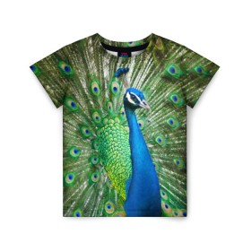 Детская футболка 3D с принтом Павлин в Екатеринбурге, 100% гипоаллергенный полиэфир | прямой крой, круглый вырез горловины, длина до линии бедер, чуть спущенное плечо, ткань немного тянется | Тематика изображения на принте: павлин | перо