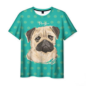 Мужская футболка 3D с принтом Мопсик в Екатеринбурге, 100% полиэфир | прямой крой, круглый вырез горловины, длина до линии бедер | Тематика изображения на принте: dog | pug | арт | животное | кружочки | мопс | пес | собака | текстура