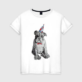 Женская футболка хлопок с принтом праздничный бульдог в Екатеринбурге, 100% хлопок | прямой крой, круглый вырез горловины, длина до линии бедер, слегка спущенное плечо | dog | happy | бабочка | бульдог | день рождение | дог | собака