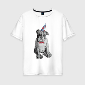 Женская футболка хлопок Oversize с принтом праздничный бульдог в Екатеринбурге, 100% хлопок | свободный крой, круглый ворот, спущенный рукав, длина до линии бедер
 | dog | happy | бабочка | бульдог | день рождение | дог | собака