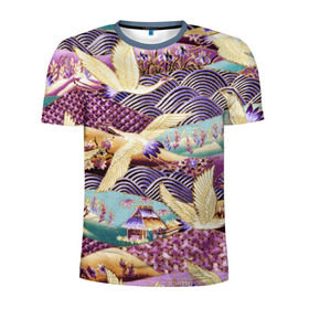 Мужская футболка 3D спортивная с принтом Японские журавли в Екатеринбурге, 100% полиэстер с улучшенными характеристиками | приталенный силуэт, круглая горловина, широкие плечи, сужается к линии бедра | журавли | птица | япония