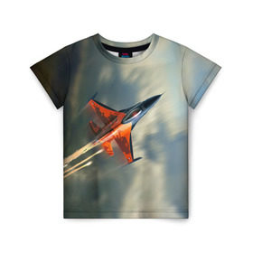 Детская футболка 3D с принтом Красный F16 в Екатеринбурге, 100% гипоаллергенный полиэфир | прямой крой, круглый вырез горловины, длина до линии бедер, чуть спущенное плечо, ткань немного тянется | Тематика изображения на принте: самолет
