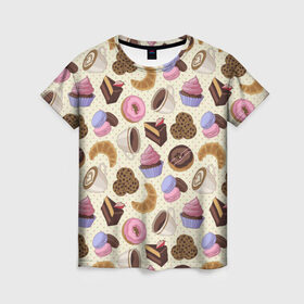 Женская футболка 3D с принтом Радости и сладости 2 в Екатеринбурге, 100% полиэфир ( синтетическое хлопкоподобное полотно) | прямой крой, круглый вырез горловины, длина до линии бедер | глазурь | завтрак | кекс | кофе | крем | круасан | макарон | настроение | паттерн | печенье | пончик | радости | сладости | торт