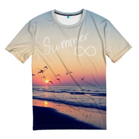 Мужская футболка 3D с принтом Summer в Екатеринбурге, 100% полиэфир | прямой крой, круглый вырез горловины, длина до линии бедер | Тематика изображения на принте: summer | закат | лето | пляж