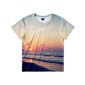 Детская футболка 3D с принтом Summer в Екатеринбурге, 100% гипоаллергенный полиэфир | прямой крой, круглый вырез горловины, длина до линии бедер, чуть спущенное плечо, ткань немного тянется | Тематика изображения на принте: summer | закат | лето | пляж