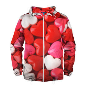 Мужская ветровка 3D с принтом Candy в Екатеринбурге, 100% полиэстер | подол и капюшон оформлены резинкой с фиксаторами, два кармана без застежек по бокам, один потайной карман на груди | heart | love | любовь | сердца