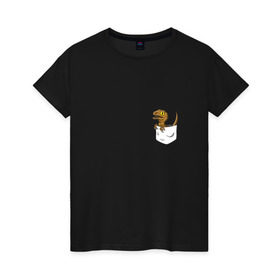 Женская футболка хлопок с принтом Дракончик в кармашке в Екатеринбурге, 100% хлопок | прямой крой, круглый вырез горловины, длина до линии бедер, слегка спущенное плечо | дино | динозавр | карман | ящерица | ящерка