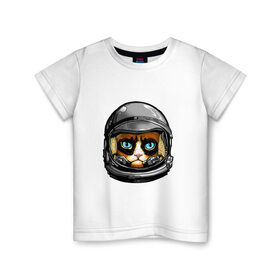 Детская футболка хлопок с принтом Кот космонавт в Екатеринбурге, 100% хлопок | круглый вырез горловины, полуприлегающий силуэт, длина до линии бедер | Тематика изображения на принте: 