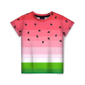 Детская футболка 3D с принтом Арбузик в Екатеринбурге, 100% гипоаллергенный полиэфир | прямой крой, круглый вырез горловины, длина до линии бедер, чуть спущенное плечо, ткань немного тянется | pattern | trend | арбуз | зеленый | косточки | красный | мода | патерн | паттерн | розовый | текстура | тренд | фрукт | ягода