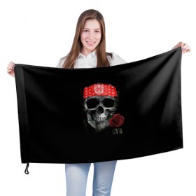 Флаг 3D с принтом Череп с розой в Екатеринбурге, 100% полиэстер | плотность ткани — 95 г/м2, размер — 67 х 109 см. Принт наносится с одной стороны | Тематика изображения на принте: пираты | повязка | роза | романтика | скелет | череп