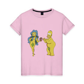 Женская футболка хлопок с принтом Симпсоны в Екатеринбурге, 100% хлопок | прямой крой, круглый вырез горловины, длина до линии бедер, слегка спущенное плечо | bart | homer | love | simpsons | адам | барт | гомер | ева | любовь | мульт | мультфильм | пончик | симпсоны