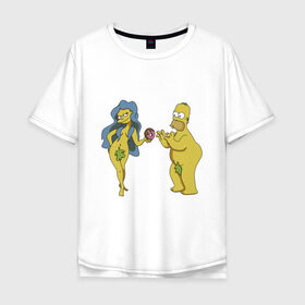 Мужская футболка хлопок Oversize с принтом Симпсоны в Екатеринбурге, 100% хлопок | свободный крой, круглый ворот, “спинка” длиннее передней части | bart | homer | love | simpsons | адам | барт | гомер | ева | любовь | мульт | мультфильм | пончик | симпсоны