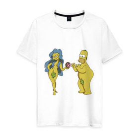 Мужская футболка хлопок с принтом Симпсоны в Екатеринбурге, 100% хлопок | прямой крой, круглый вырез горловины, длина до линии бедер, слегка спущенное плечо. | bart | homer | love | simpsons | адам | барт | гомер | ева | любовь | мульт | мультфильм | пончик | симпсоны