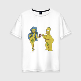 Женская футболка хлопок Oversize с принтом Симпсоны в Екатеринбурге, 100% хлопок | свободный крой, круглый ворот, спущенный рукав, длина до линии бедер
 | bart | homer | love | simpsons | адам | барт | гомер | ева | любовь | мульт | мультфильм | пончик | симпсоны