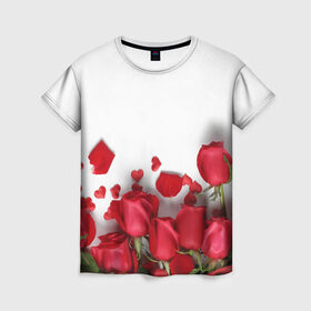 Женская футболка 3D с принтом Розы в Екатеринбурге, 100% полиэфир ( синтетическое хлопкоподобное полотно) | прямой крой, круглый вырез горловины, длина до линии бедер | flowers | gift | hearts | love | red | romantic | roses | valentines day | красные розы | сердечки