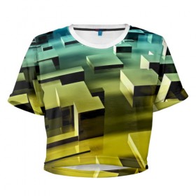 Женская футболка 3D укороченная с принтом Плавающие кубы в Екатеринбурге, 100% полиэстер | круглая горловина, длина футболки до линии талии, рукава с отворотами | abstract | abstraction | block | tessera | абстракция | кубики | текстура
