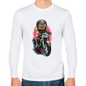 Мужской лонгслив хлопок с принтом Кот мотоциклист в Екатеринбурге, 100% хлопок |  | moto | киса | кот | котэ | мото | мотоцикл | очки | шлем