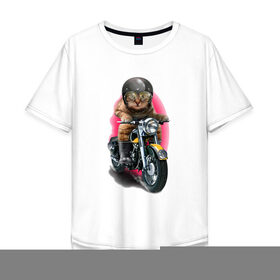 Мужская футболка хлопок Oversize с принтом Кот мотоциклист в Екатеринбурге, 100% хлопок | свободный крой, круглый ворот, “спинка” длиннее передней части | moto | киса | кот | котэ | мото | мотоцикл | очки | шлем