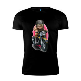 Мужская футболка премиум с принтом Кот мотоциклист в Екатеринбурге, 92% хлопок, 8% лайкра | приталенный силуэт, круглый вырез ворота, длина до линии бедра, короткий рукав | Тематика изображения на принте: moto | киса | кот | котэ | мото | мотоцикл | очки | шлем