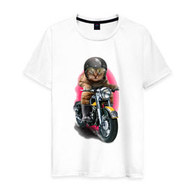 Мужская футболка хлопок с принтом Кот мотоциклист в Екатеринбурге, 100% хлопок | прямой крой, круглый вырез горловины, длина до линии бедер, слегка спущенное плечо. | Тематика изображения на принте: moto | киса | кот | котэ | мото | мотоцикл | очки | шлем