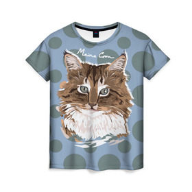 Женская футболка 3D с принтом Мейн-Кун в Екатеринбурге, 100% полиэфир ( синтетическое хлопкоподобное полотно) | прямой крой, круглый вырез горловины, длина до линии бедер | cat | kitten | kitty | maine coon | pet | арт | животные | коты | кошки | кружочки | мейн кун | текстура