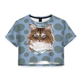 Женская футболка 3D укороченная с принтом Мейн-Кун в Екатеринбурге, 100% полиэстер | круглая горловина, длина футболки до линии талии, рукава с отворотами | cat | kitten | kitty | maine coon | pet | арт | животные | коты | кошки | кружочки | мейн кун | текстура